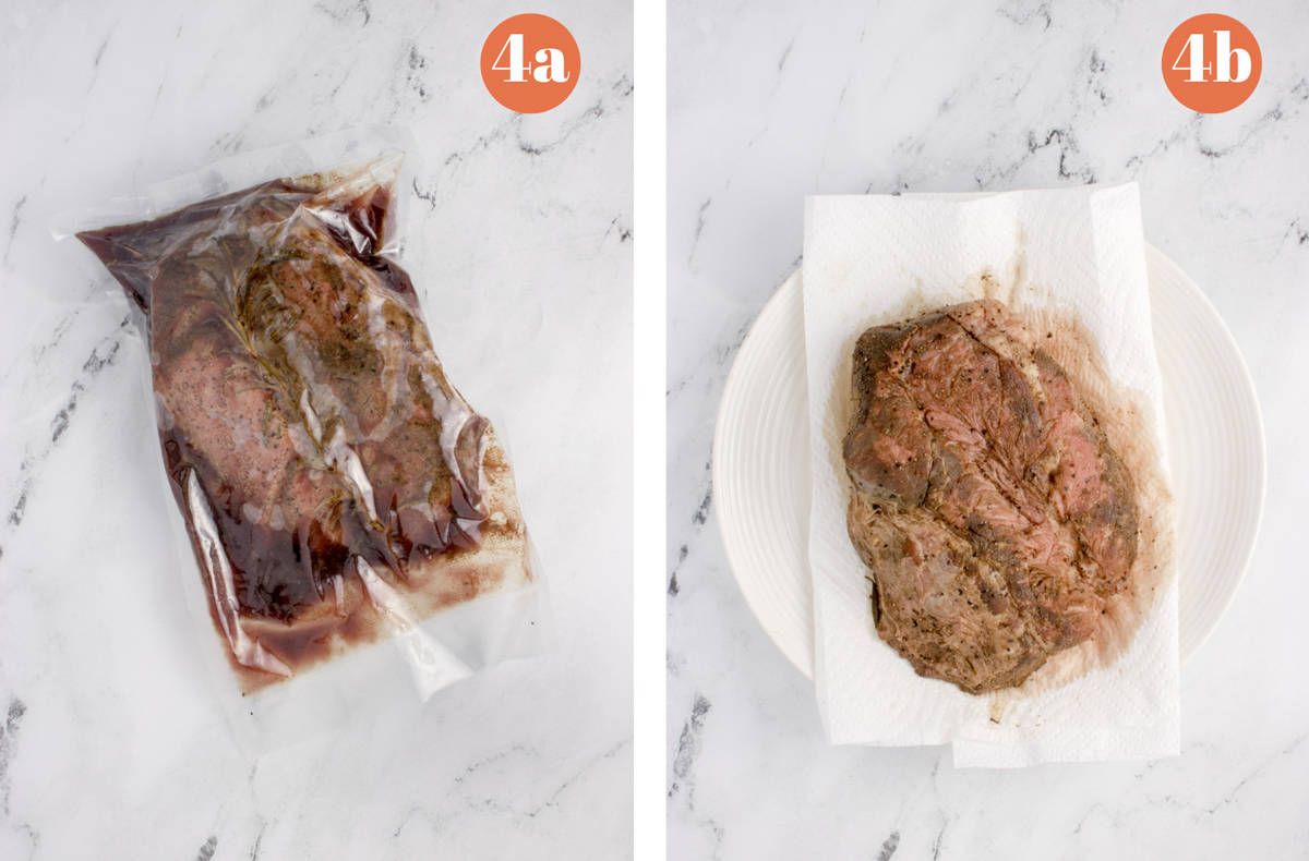 A chunk of meat in a sous vide bag and then on a paper towel being dried.