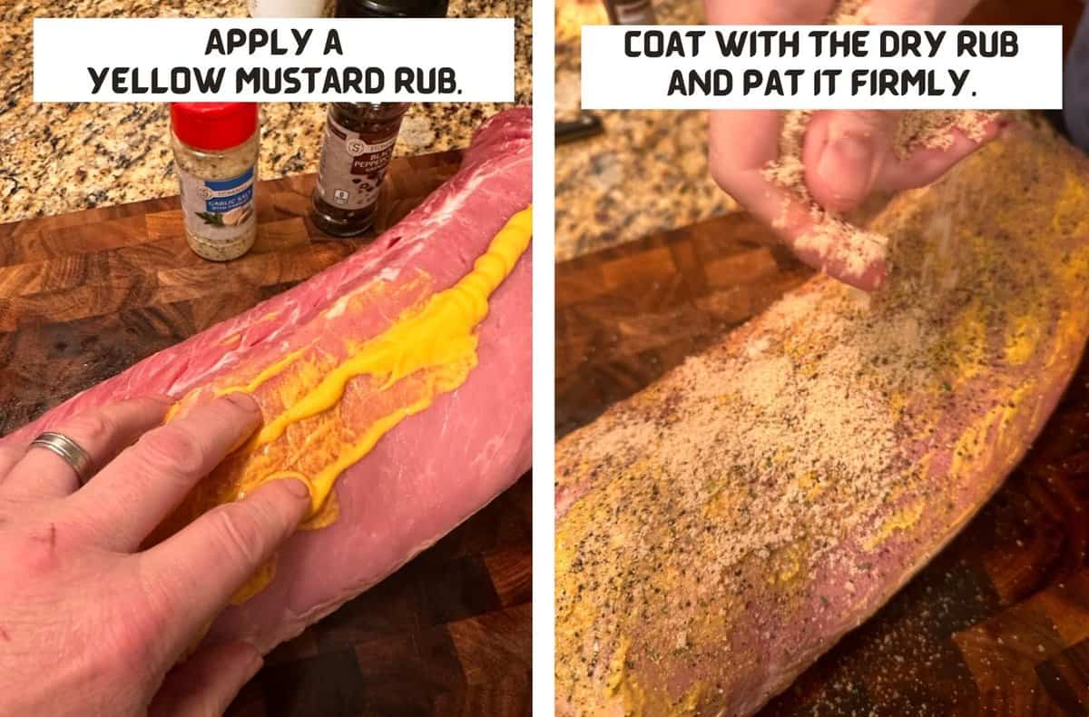 Applying mustard and a dry rub to a pork loin.
