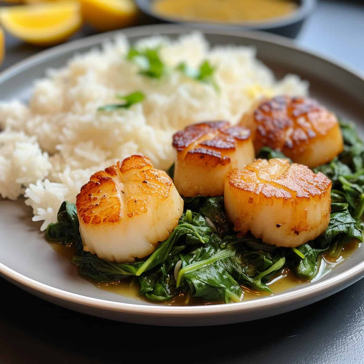 A plate of scallops with some wilted spinach and white rice.