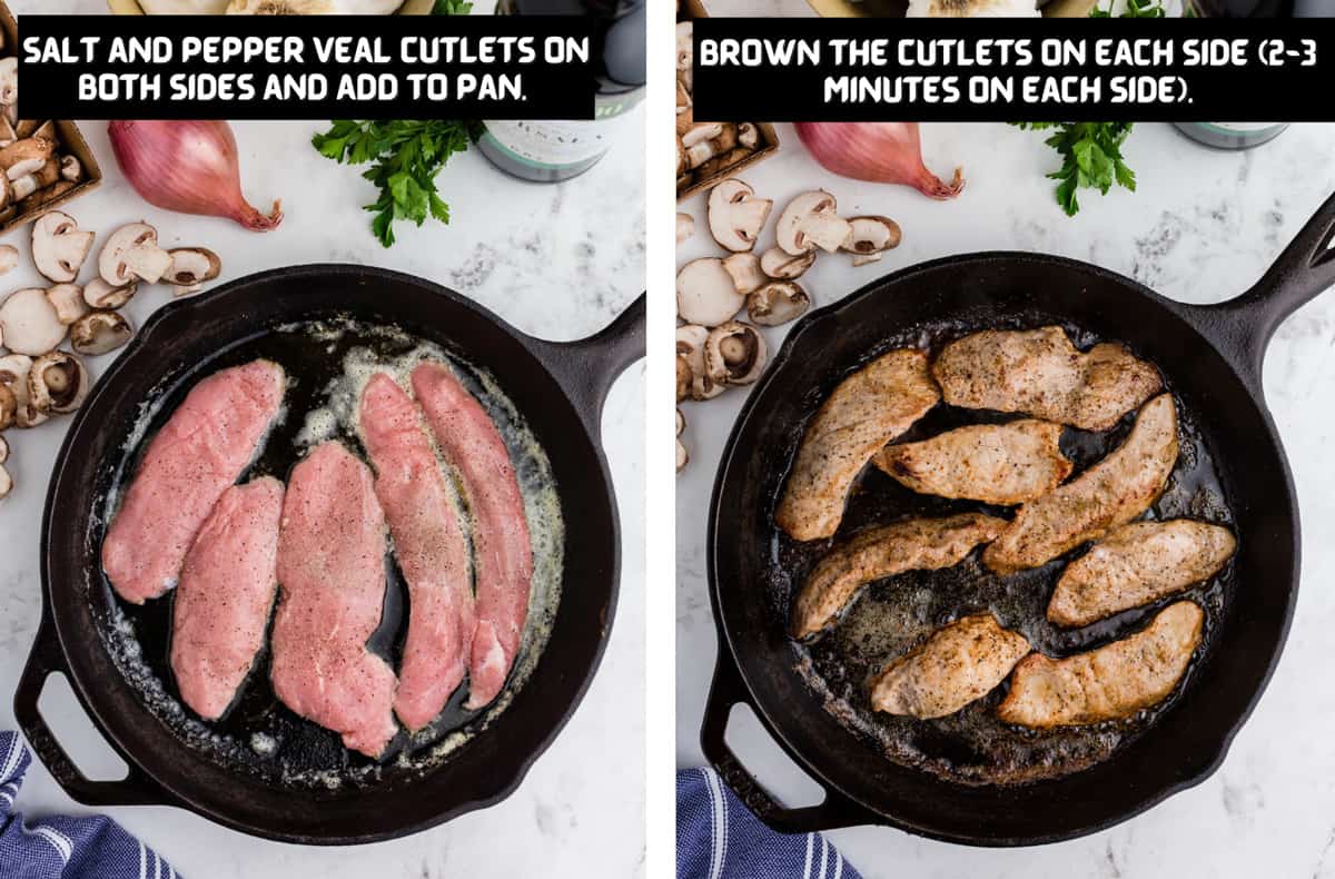 Browning veal cutlets in a skillet.