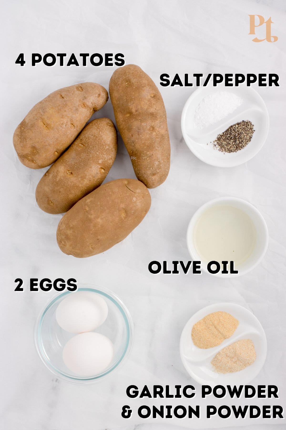 Some potatoes and other ingredients for making air fryer hash browns.