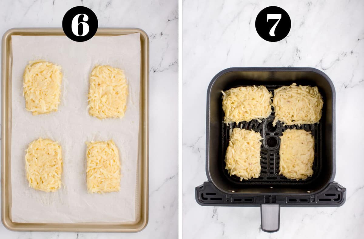 Some hash browns patties on a baking sheet and in an air fryer.