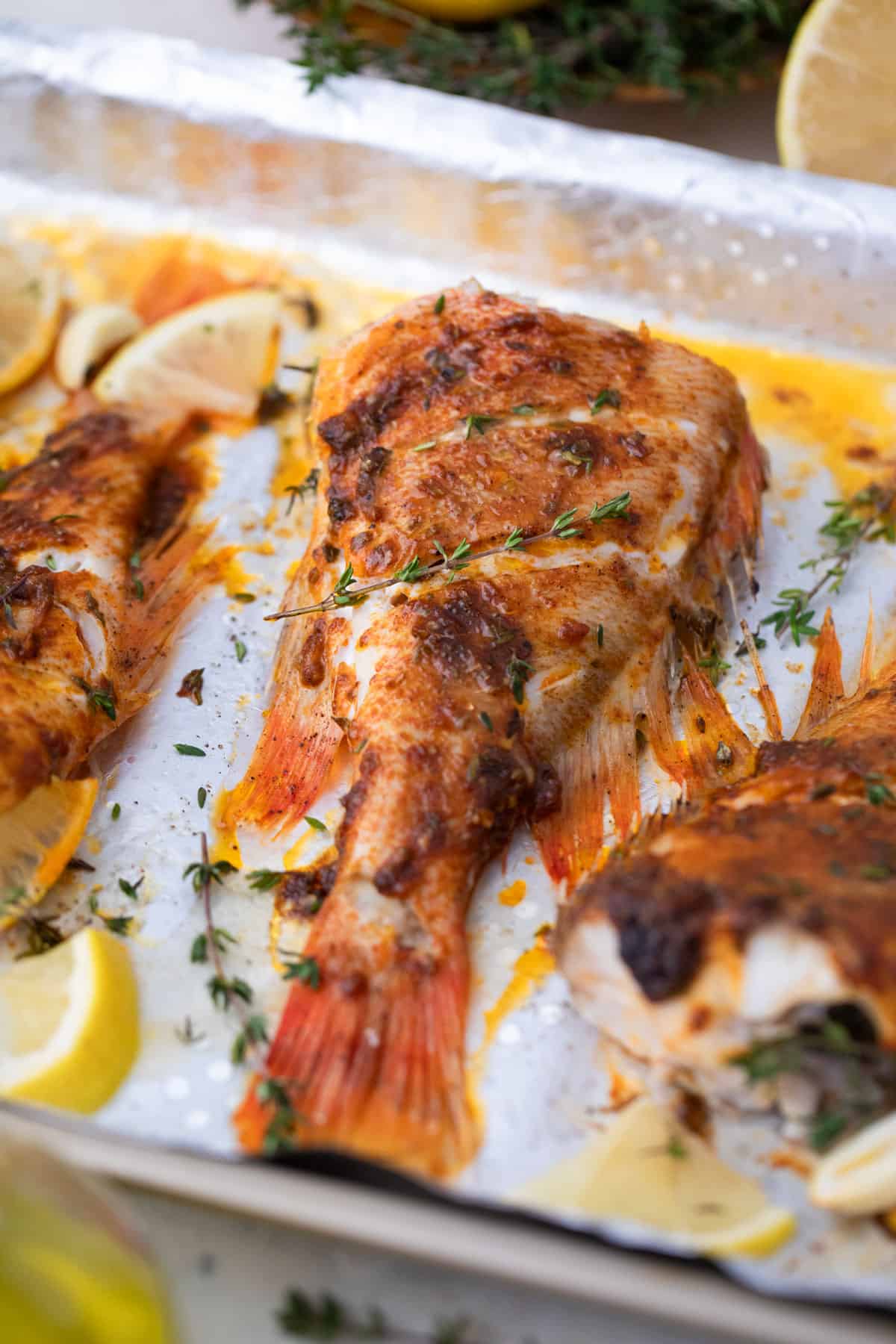 A close-up of some baked fish.