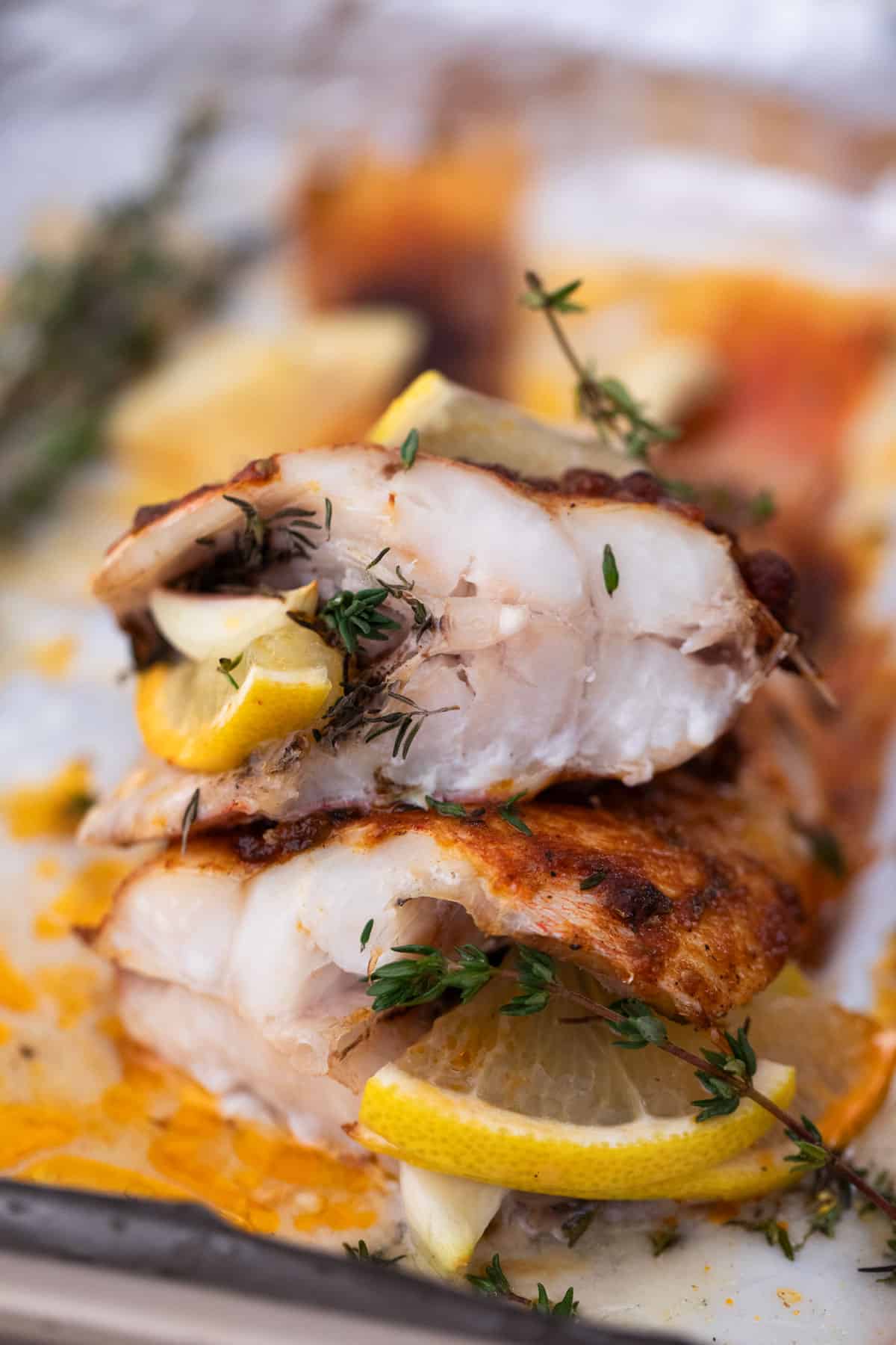 Cross-section of some baked fish with herbs and a lemon slice.