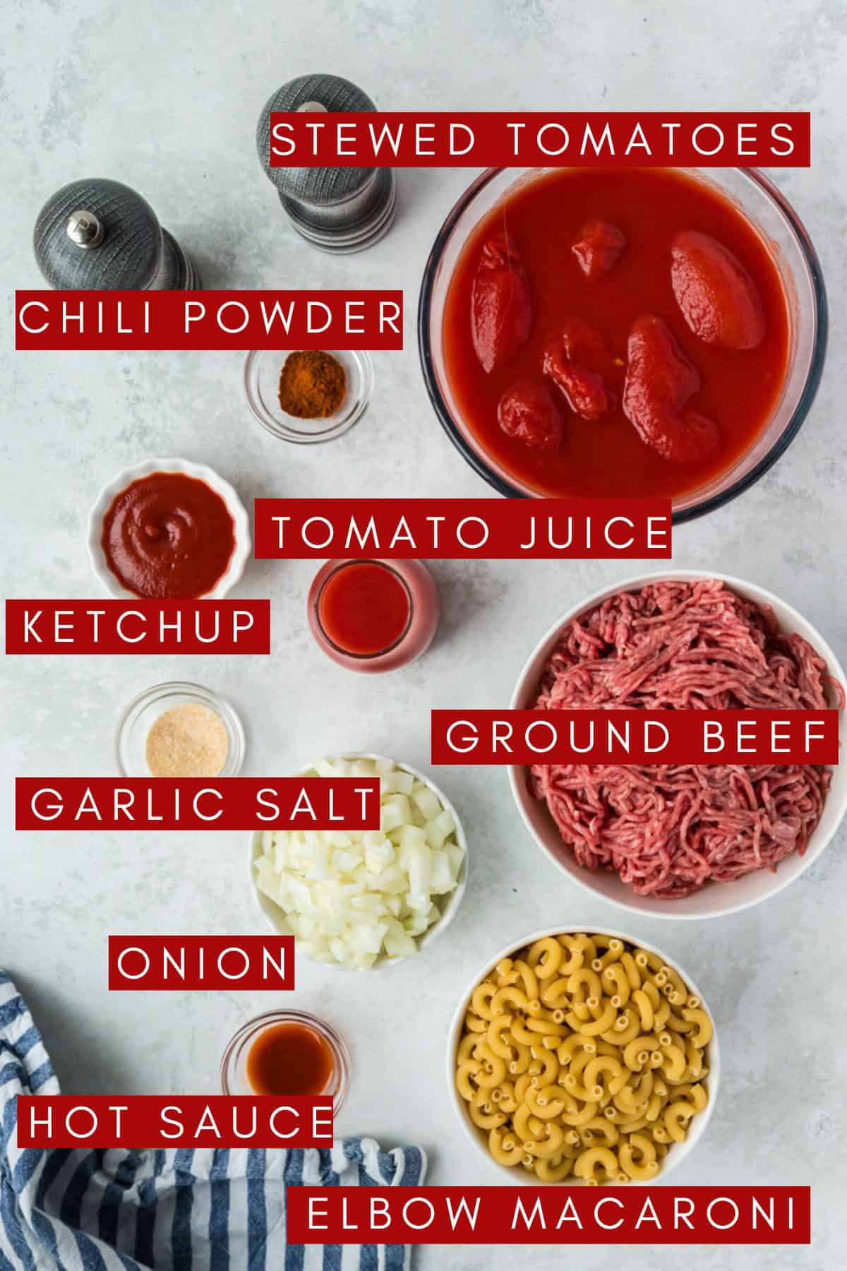 Ground beef and other ingredients to make old-fashioned goulash.