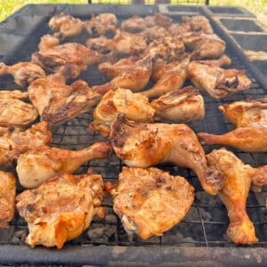 A grill full of Cornell chicken bbq.