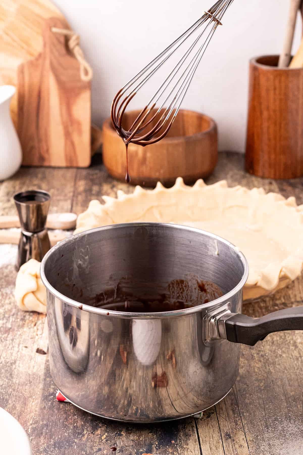 A sauce pan and a pie shell.