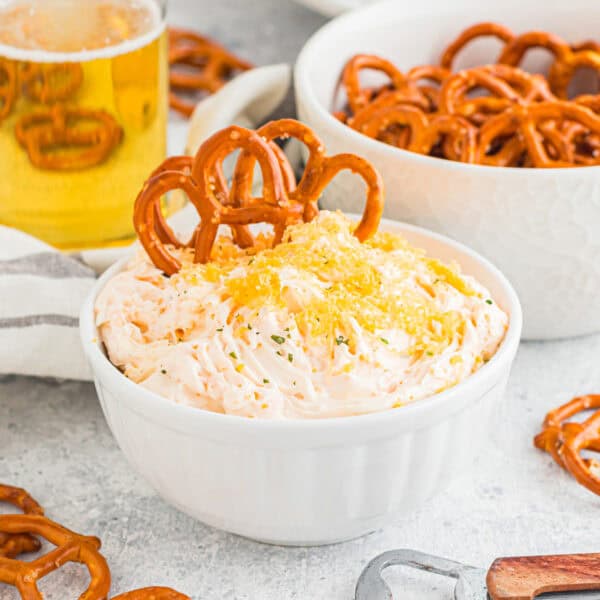 A bowl of beer dip with some mini pretzels.