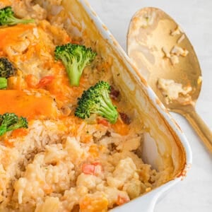 A casserole dish of chicken and rice.