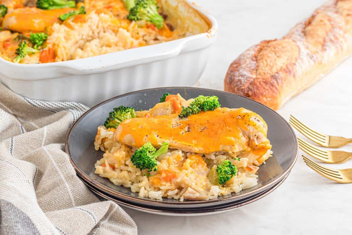 A plate of chicken and rice casserole.