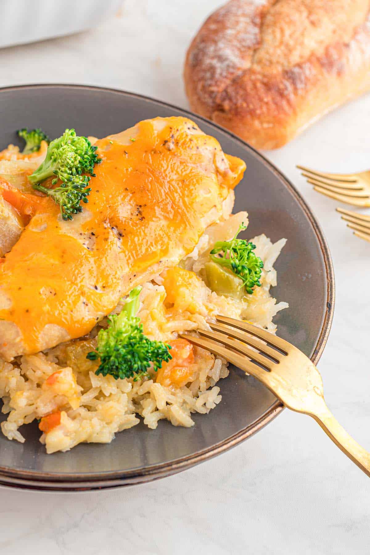 A plate of chicken and rice casserole.