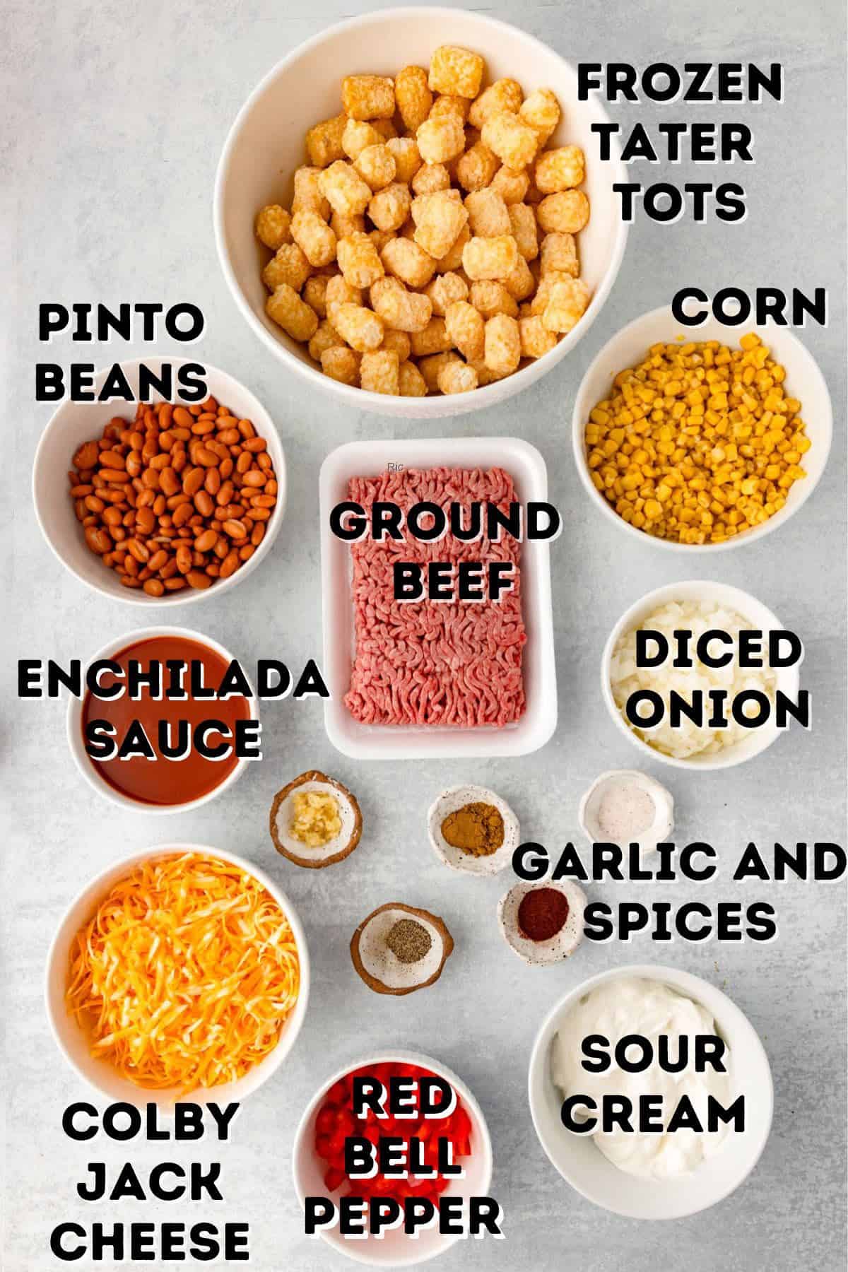 Ingredients for a Mexican tater tot casserole.