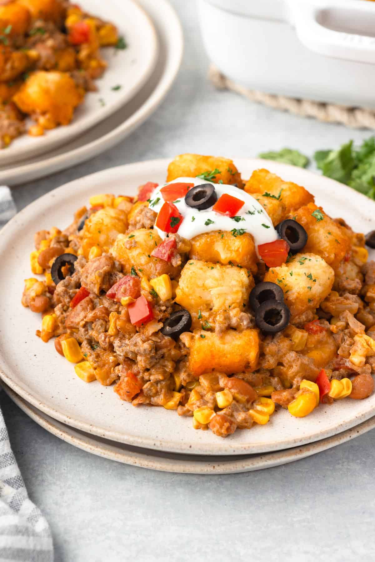 A plate of Mexican tater tot casserole.