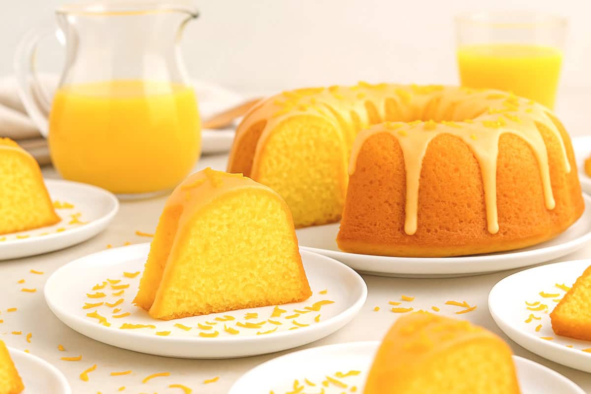 A cake cut up wit orange glaze and a pitcher of orange juice in the back ground.