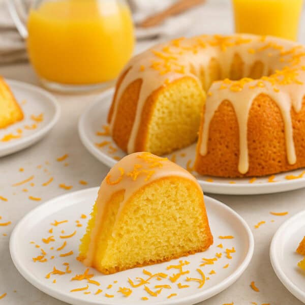 An orange bundt cake with slices cut out.