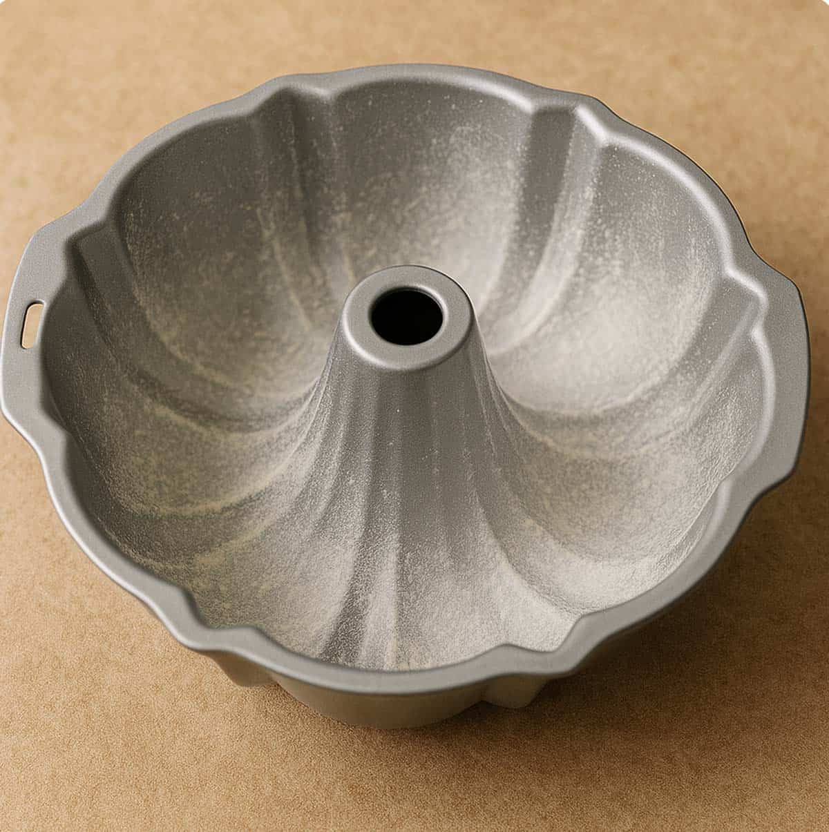 A bundt pan that has been greased and floured.