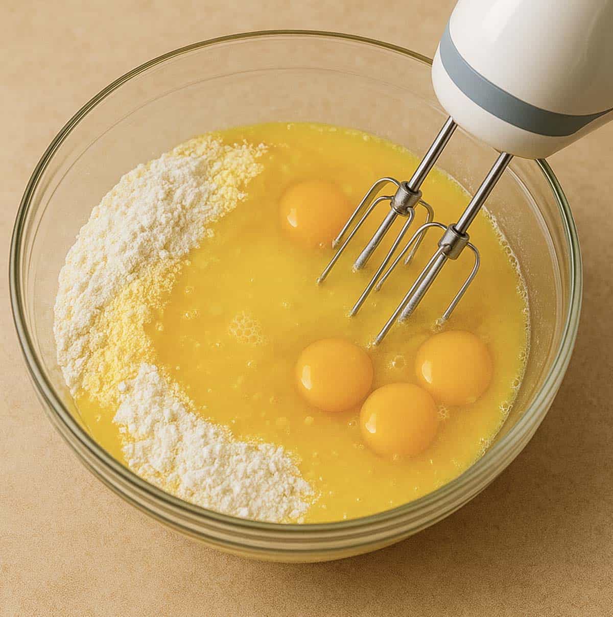 Using a hand mixer to mix some eggs and other ingredients.