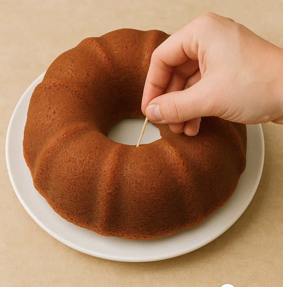 Poking a toothpick in a bundt cake.
