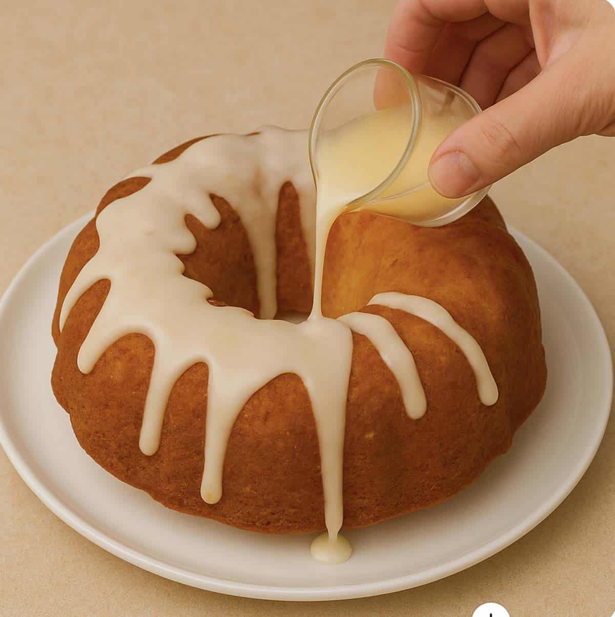 Pouring icing over a bundt cake.