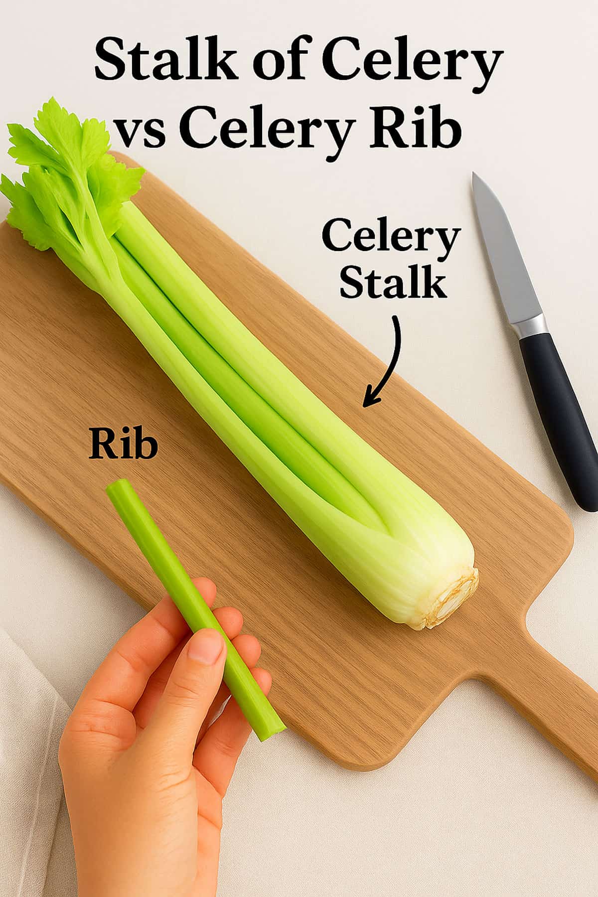 A stalk of celery on a cutting board with a paring knife.