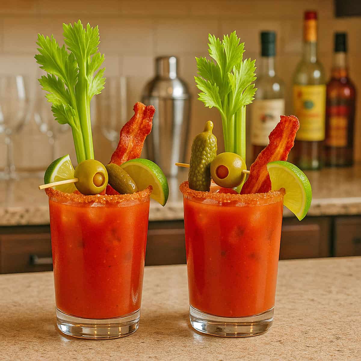 Two Bloody Mary drinks with celery as a garnish.