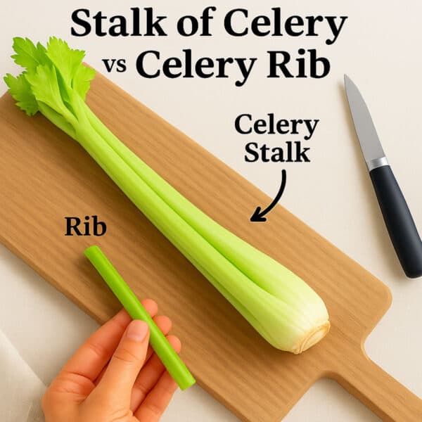 A piece of celery on a cutting board.