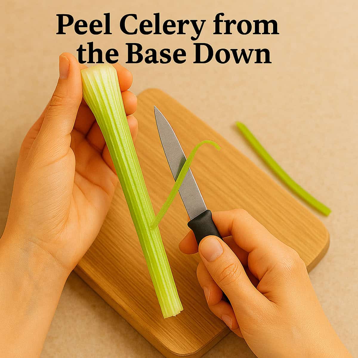 A rib of celery being peeled from the base upward.