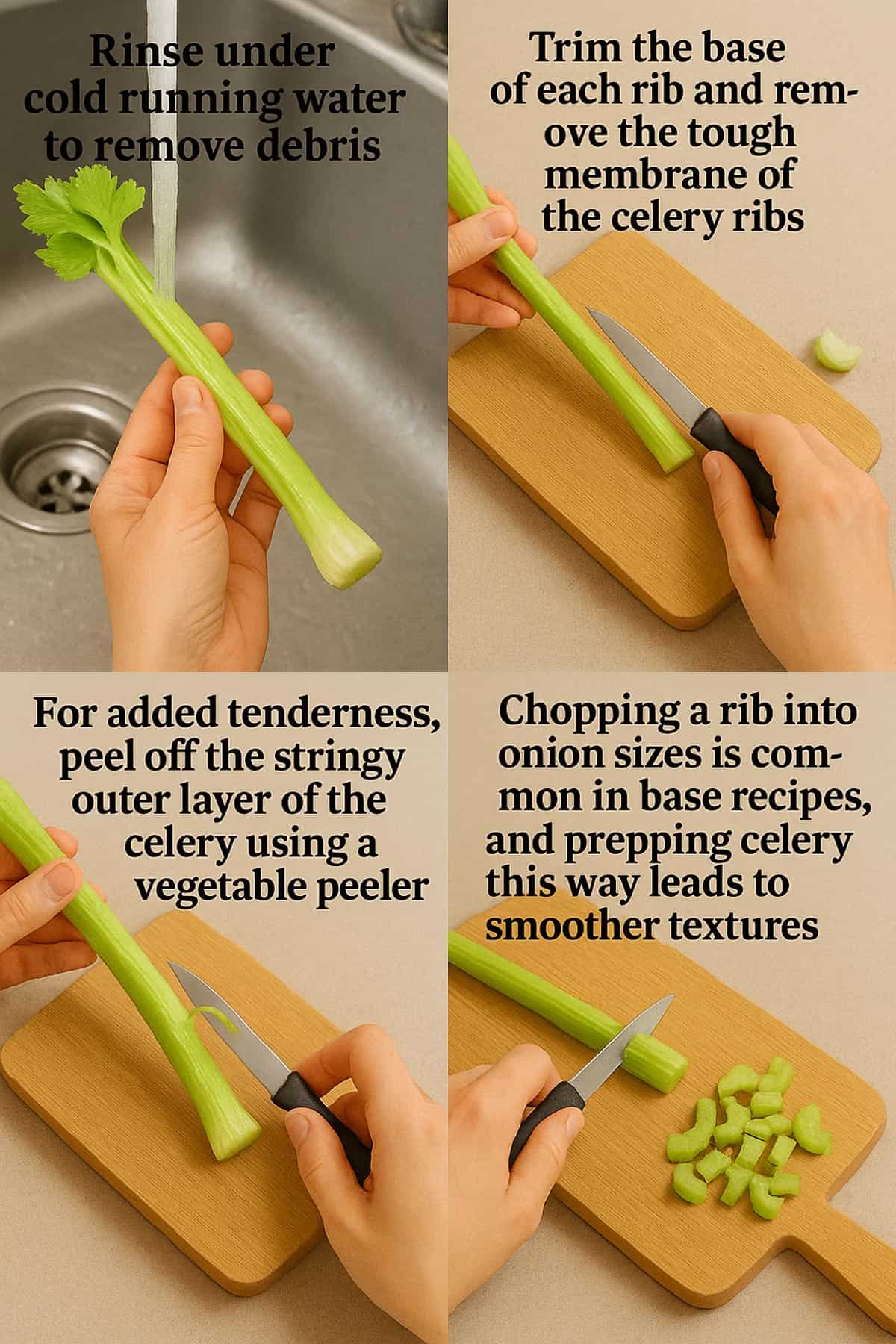 A series of photos showing how to prep and peel celery.