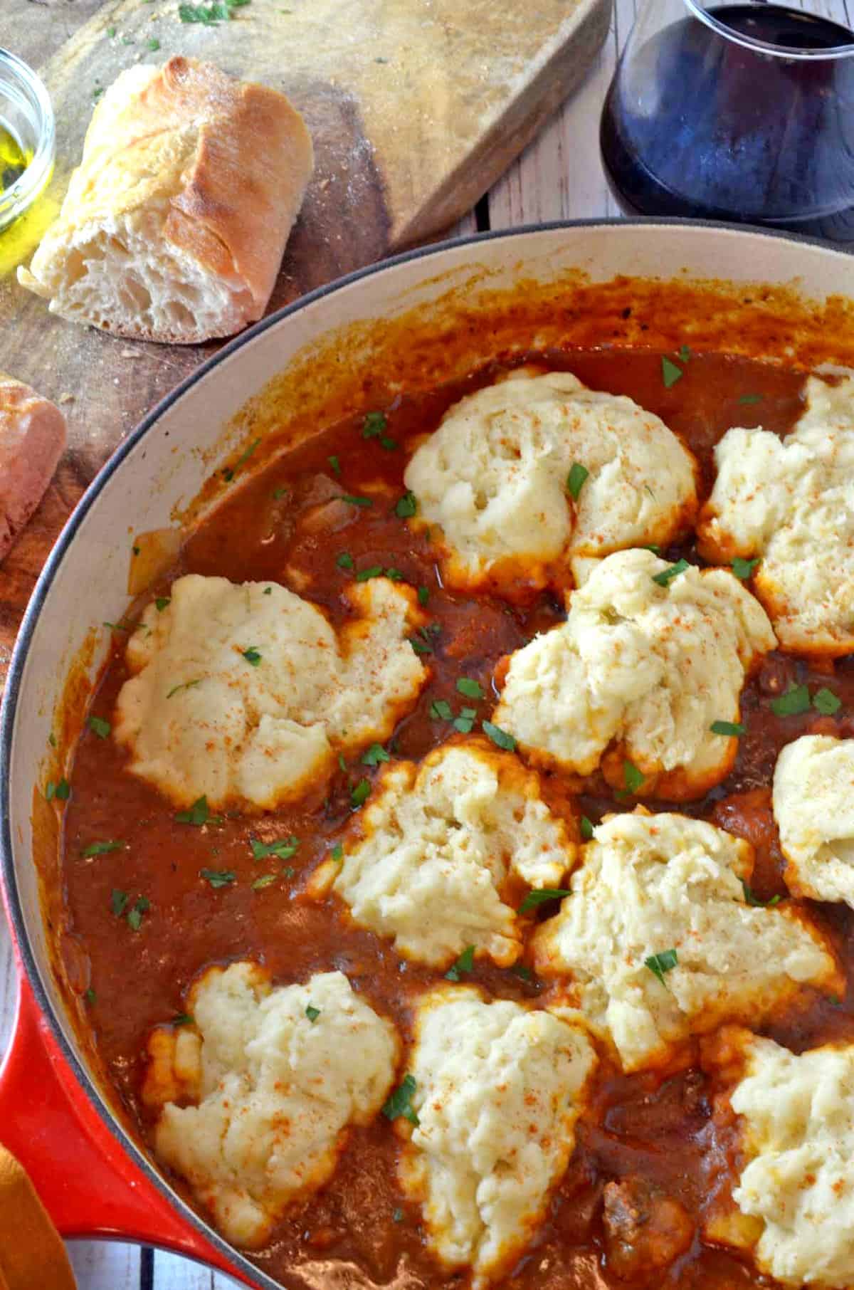 A dutch oven full of Hungarian Goulash (Gulyás) and Steamed Dumplings.
