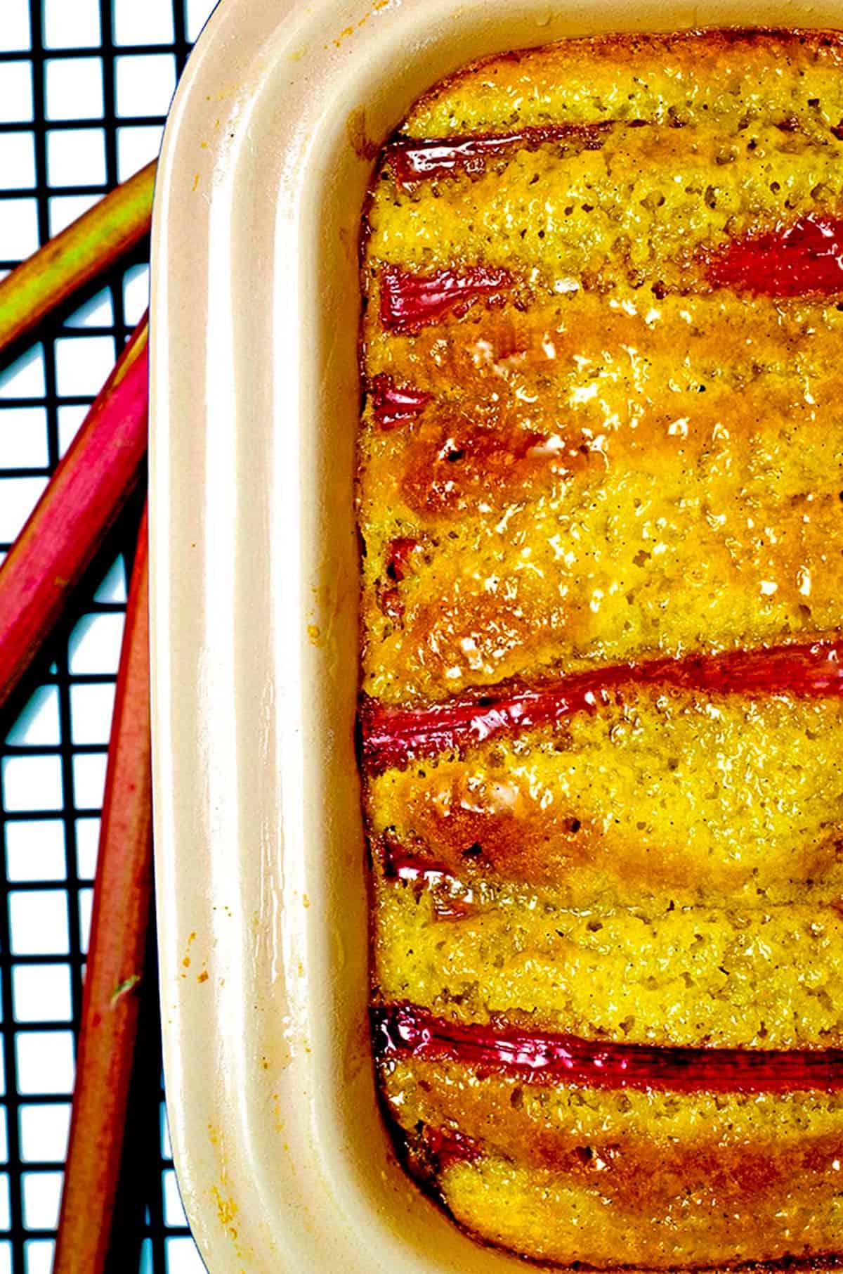 Close up baked vanilla rhubarb pound cake on cooling rack with rhubarb stalks