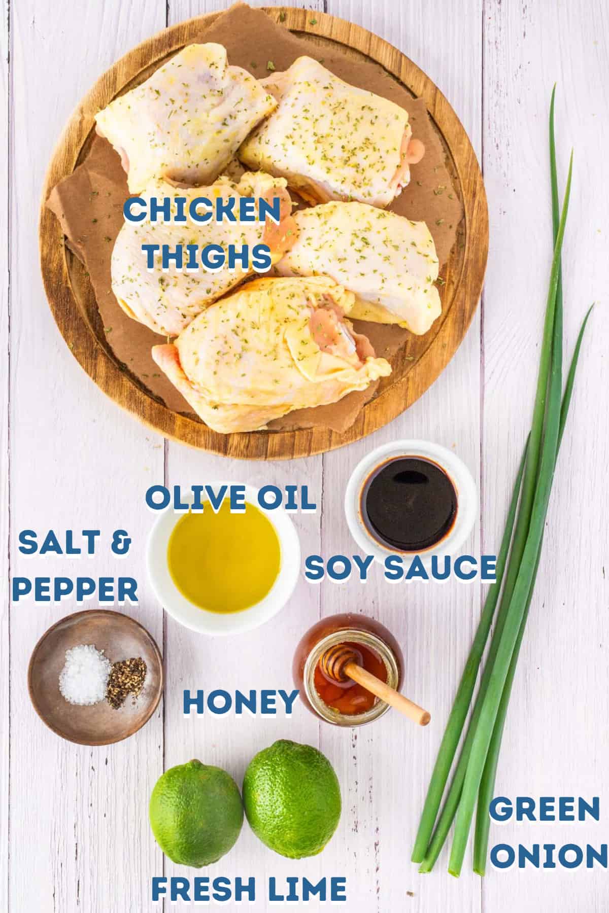 Raw chicken thighs, green onion, and other ingredients.