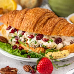 Cranberry Chicken Salad with Pecan in a croissant sandwhich.