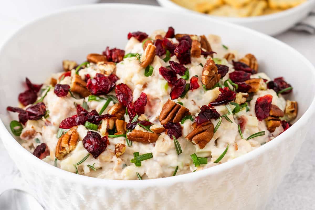 A bowl of cranberry and pecan chicken salad.