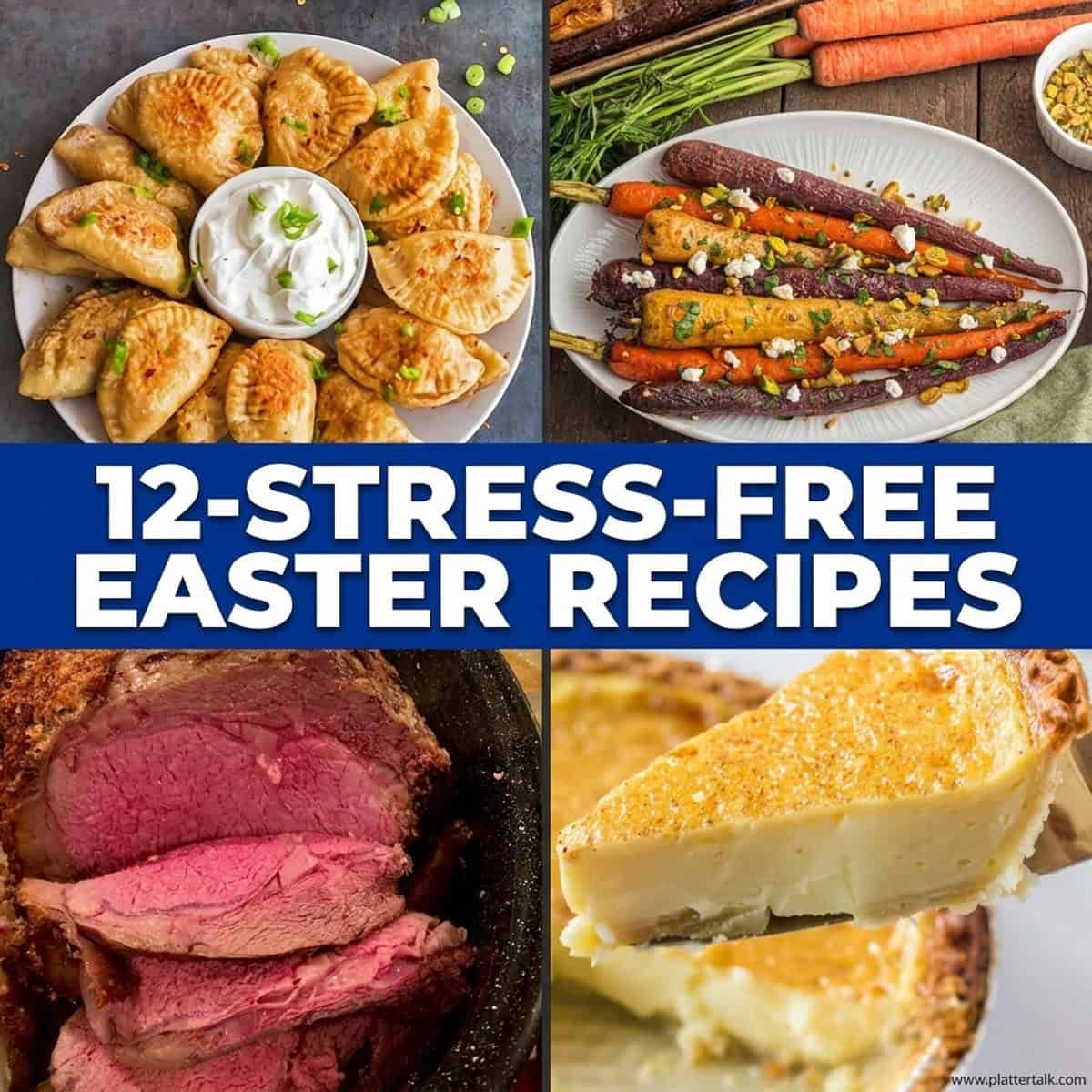 A group of Easter-related dishes like pieorgies and prime rib and carrots and pie.