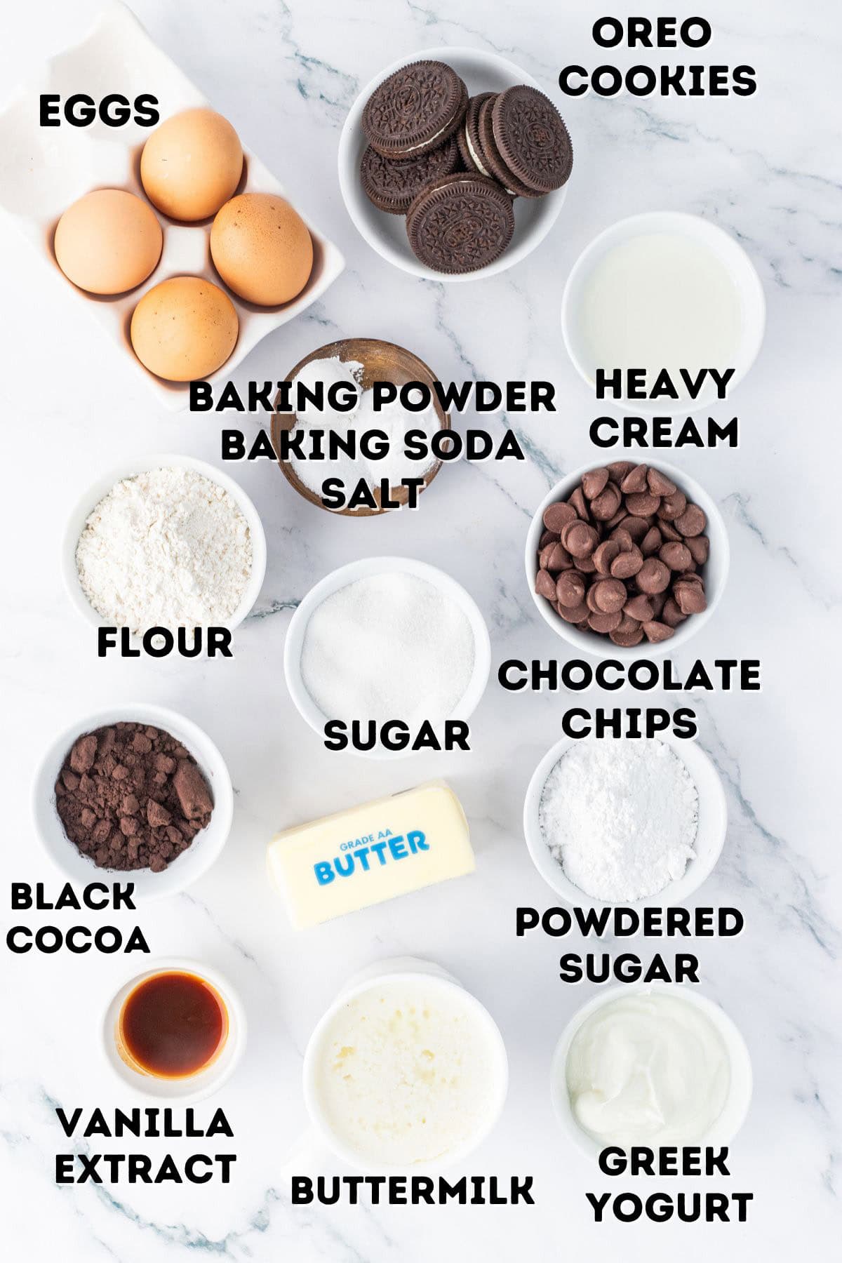 Eggs, flour, Oreo cookies and other ingredients to make a cookies and cream Bundt cake.