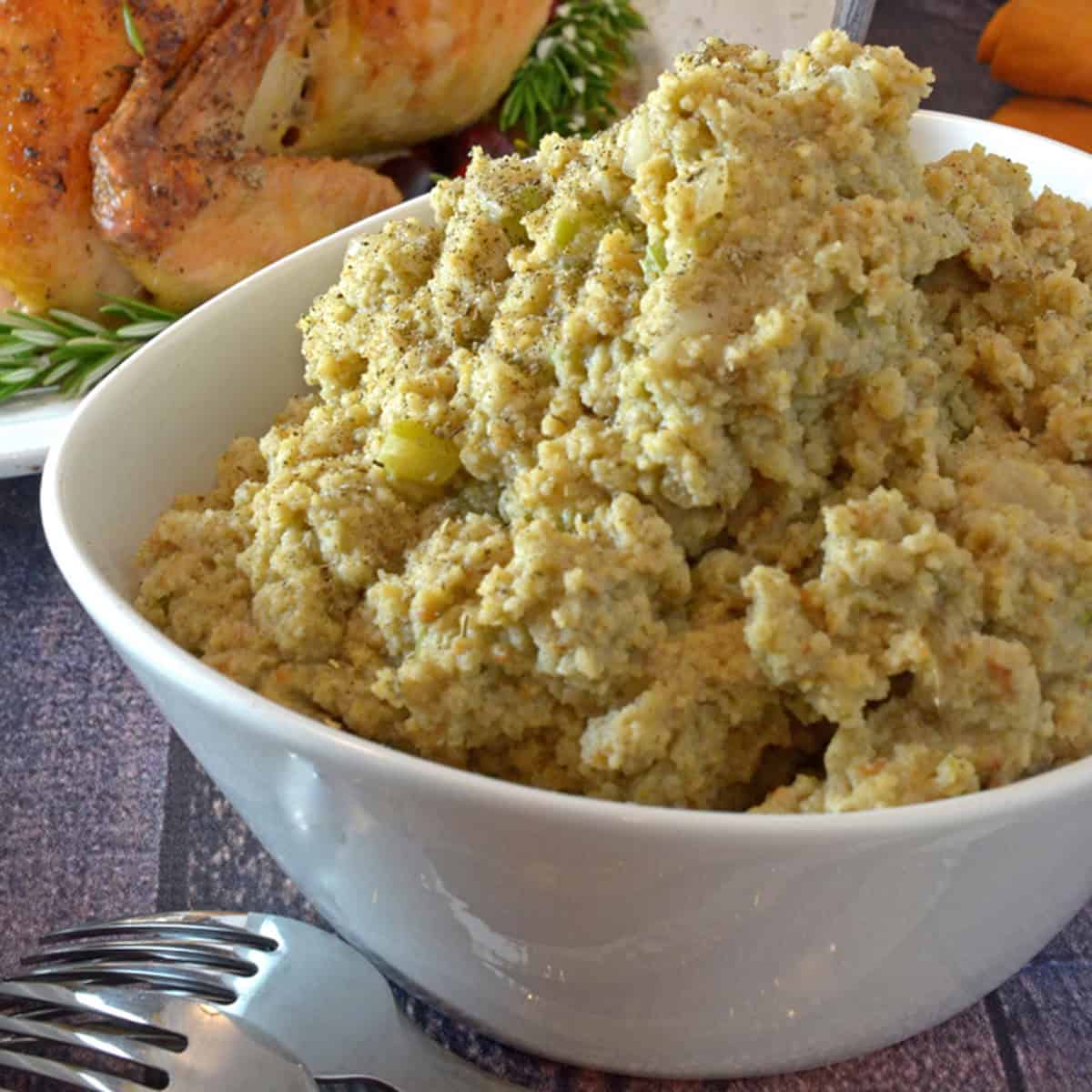 A heaping bowl of cornbread dressing.